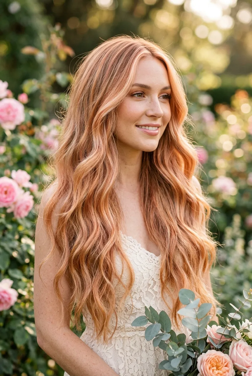 19. Strawberry Peach Blonde Balayage for Fair Complexions - long hair color ideas (AI Generated Image)