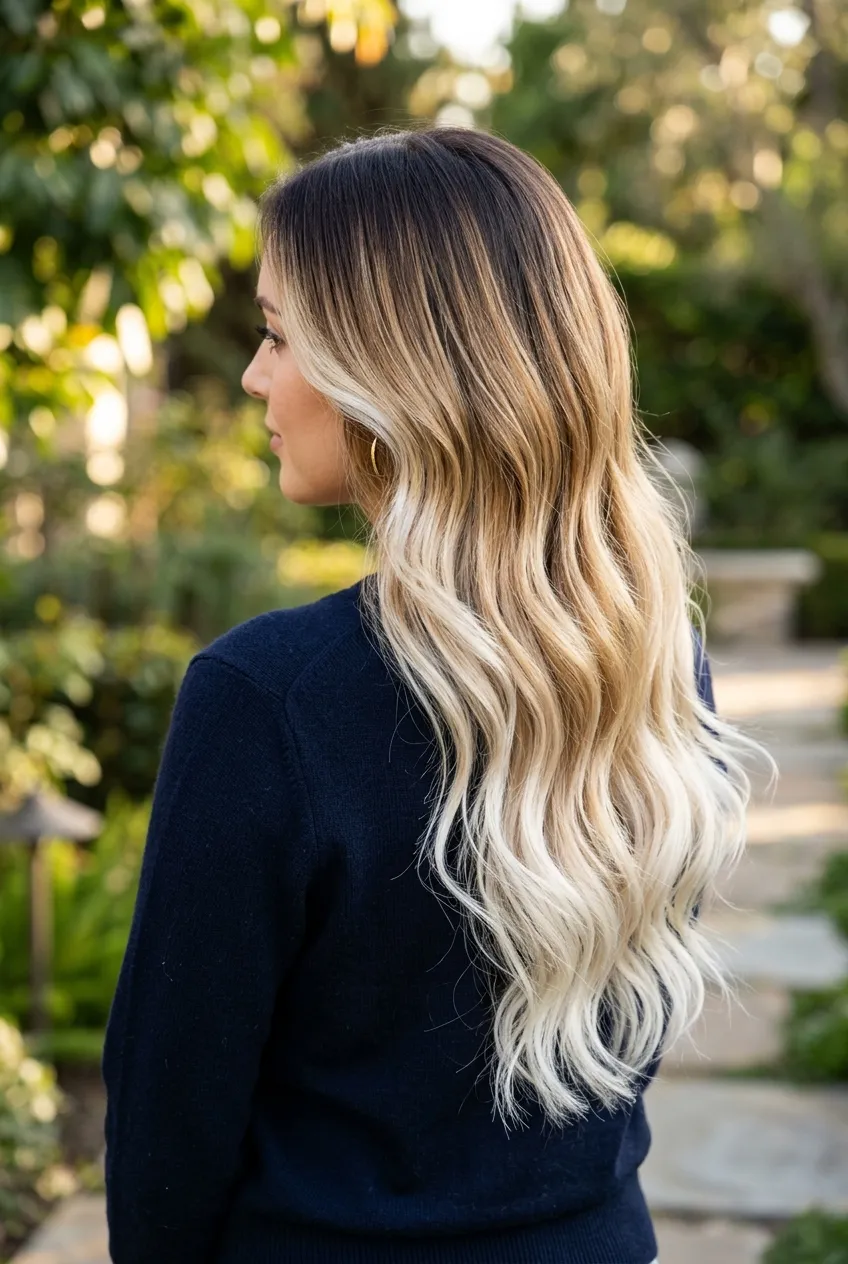 24. Toasted Coconut Blonde Melt with Contrast Crown - long hair color ideas (AI Generated Image)