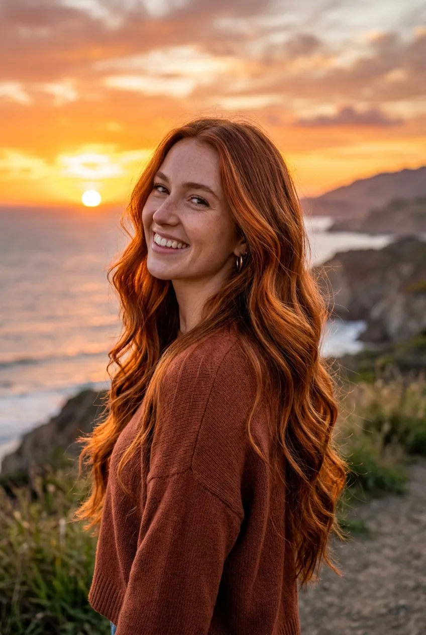 25. Vibrant Copper Sunset Balayage with Molecular Repair - long hair color ideas (AI Generated Image)
