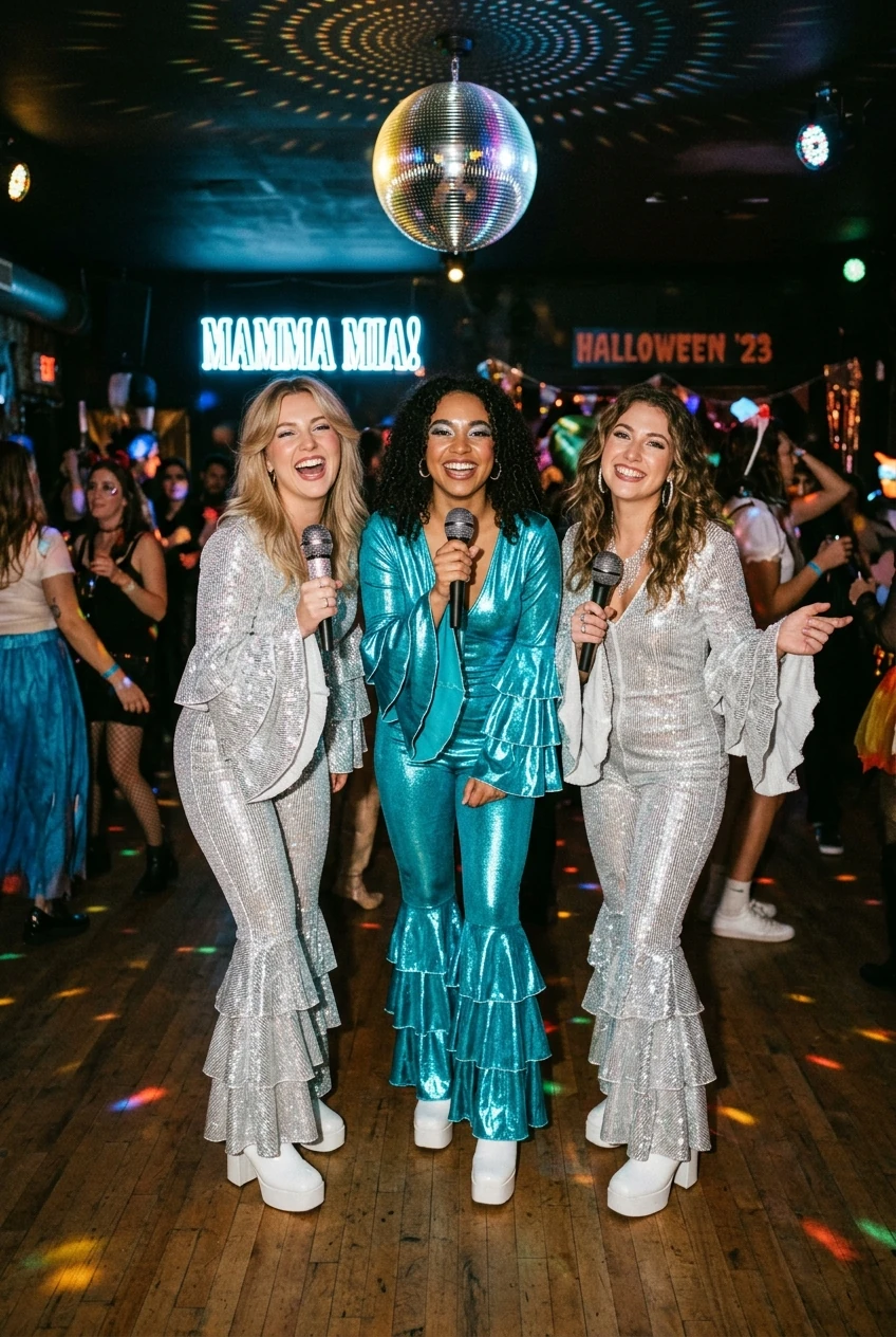 10 Creative Group Halloween Costumes for Trios, Squads & Families (2026) 16 4. Mamma Mia Donna & The Dynamos Super Troupers - group halloween costumes (AI Generated Image)