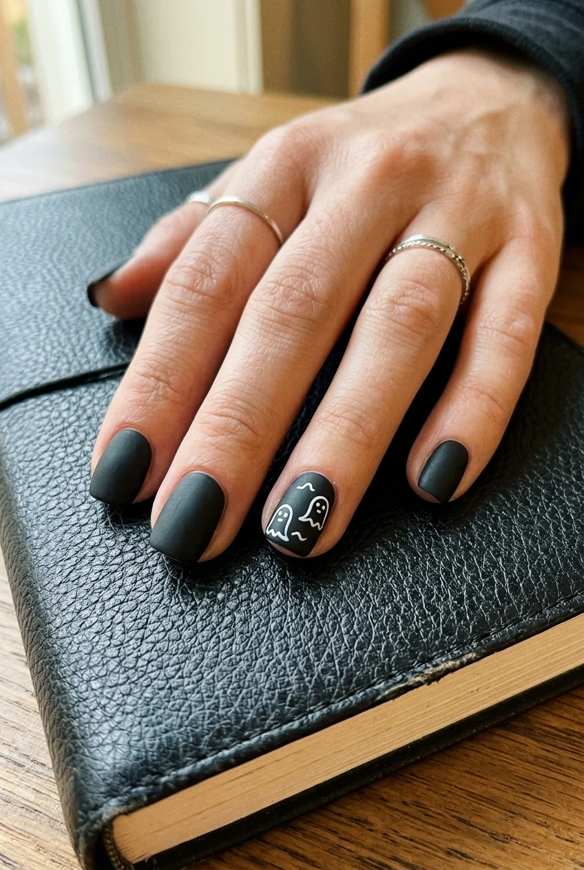 5. Matte Black & Floating White Specter Outlines - ghost nails (AI Generated Image)