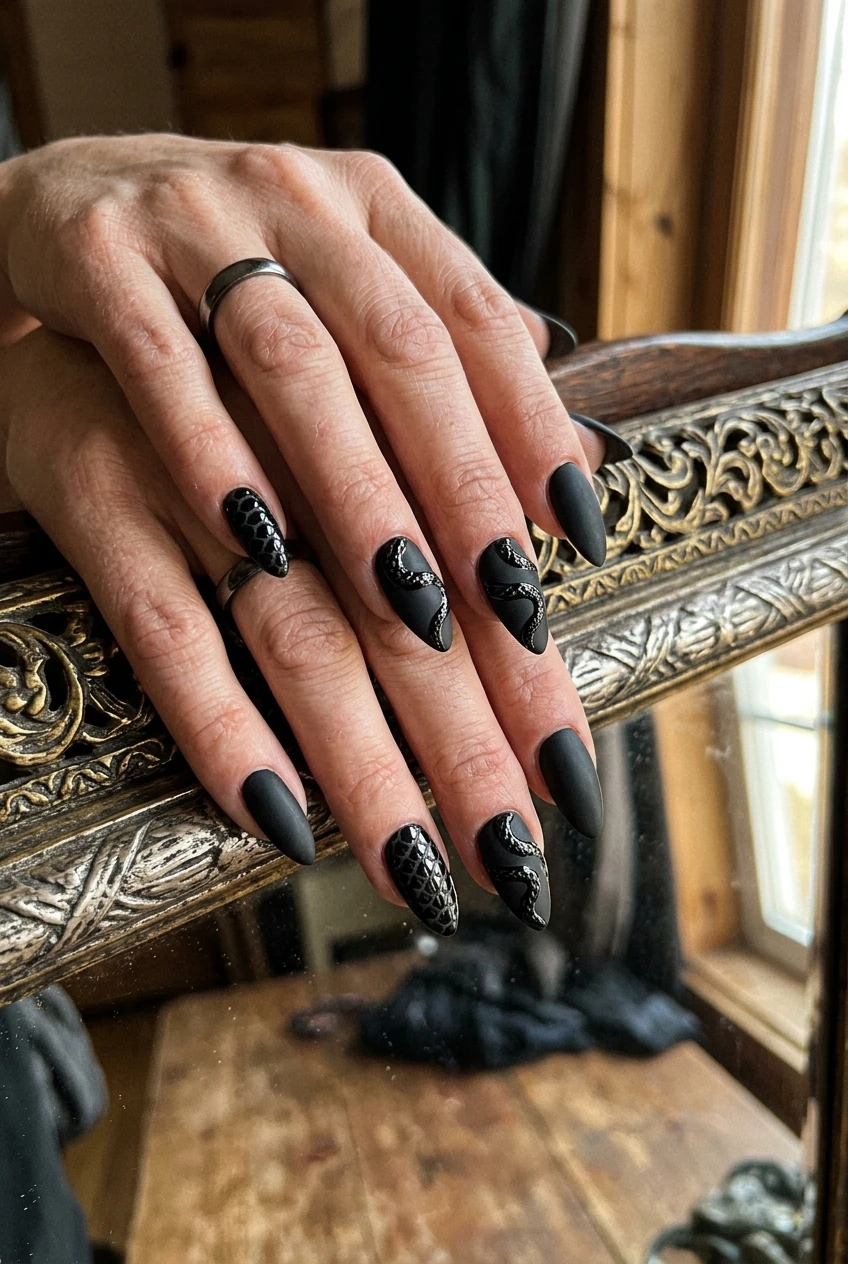 10 Dark Feminine & Witchy Nails to Channel Your Inner Gothic Glam 17 5. Matte Black Gothic Serpent & Filigree Line Art - witchy nails (AI Generated Image)