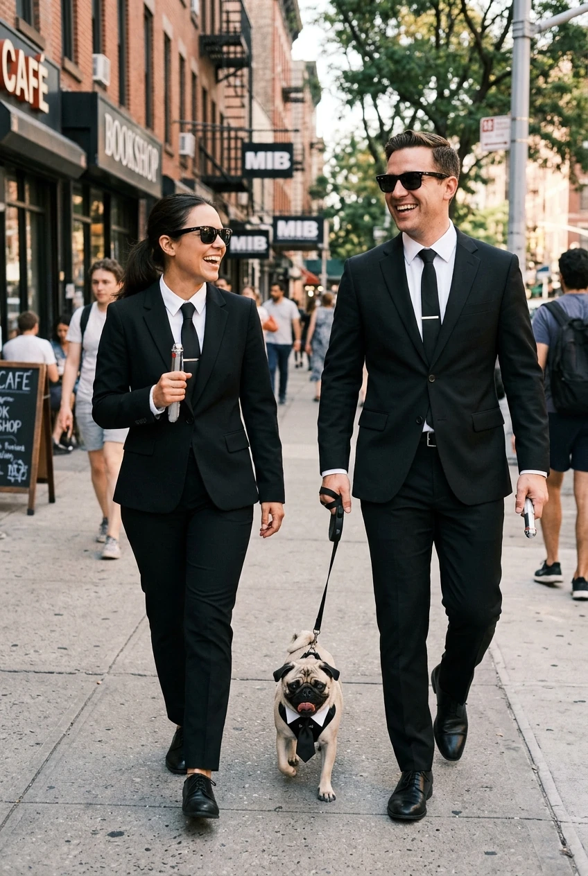 10 Creative Couples & Duo Halloween Costumes That Will Win Every Contest 18 6. Men in Black Secret Agents with Pug Companion - couples halloween costumes (AI Generated Image)