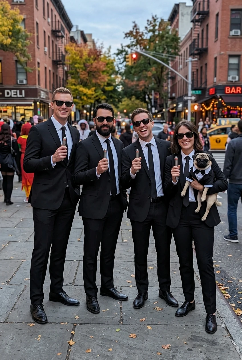 10 Creative Group Halloween Costumes for Trios, Squads & Families (2026) 20 8. Men in Black Top-Secret Alien Defense Squad - group halloween costumes (AI Generated Image)