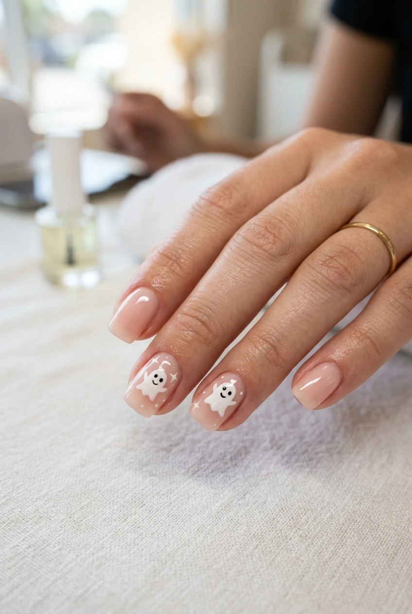 10 Cute & Simple Halloween Nails for Short Nails (Easy 2026 Inspo) 13 1. Minimalist Milky White Ghost Accents on Sheer Base - simple halloween nails (AI Generated Image)