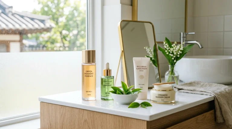Luxury aesthetic Korean skincare vanity with fermented essence, centella cica dropper bottle, and barrier cream overlooking traditional Hanok roofline.