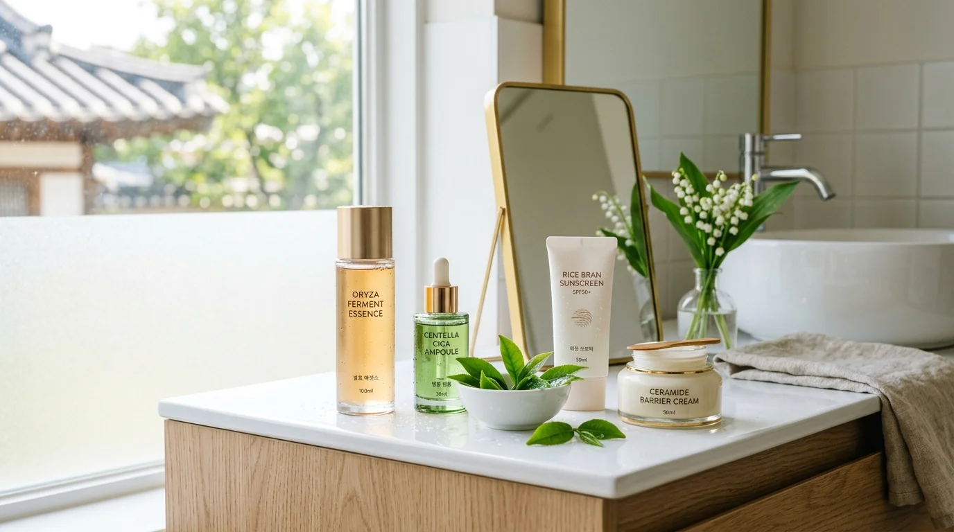 Luxury aesthetic Korean skincare vanity with fermented essence, centella cica dropper bottle, and barrier cream overlooking traditional Hanok roofline.