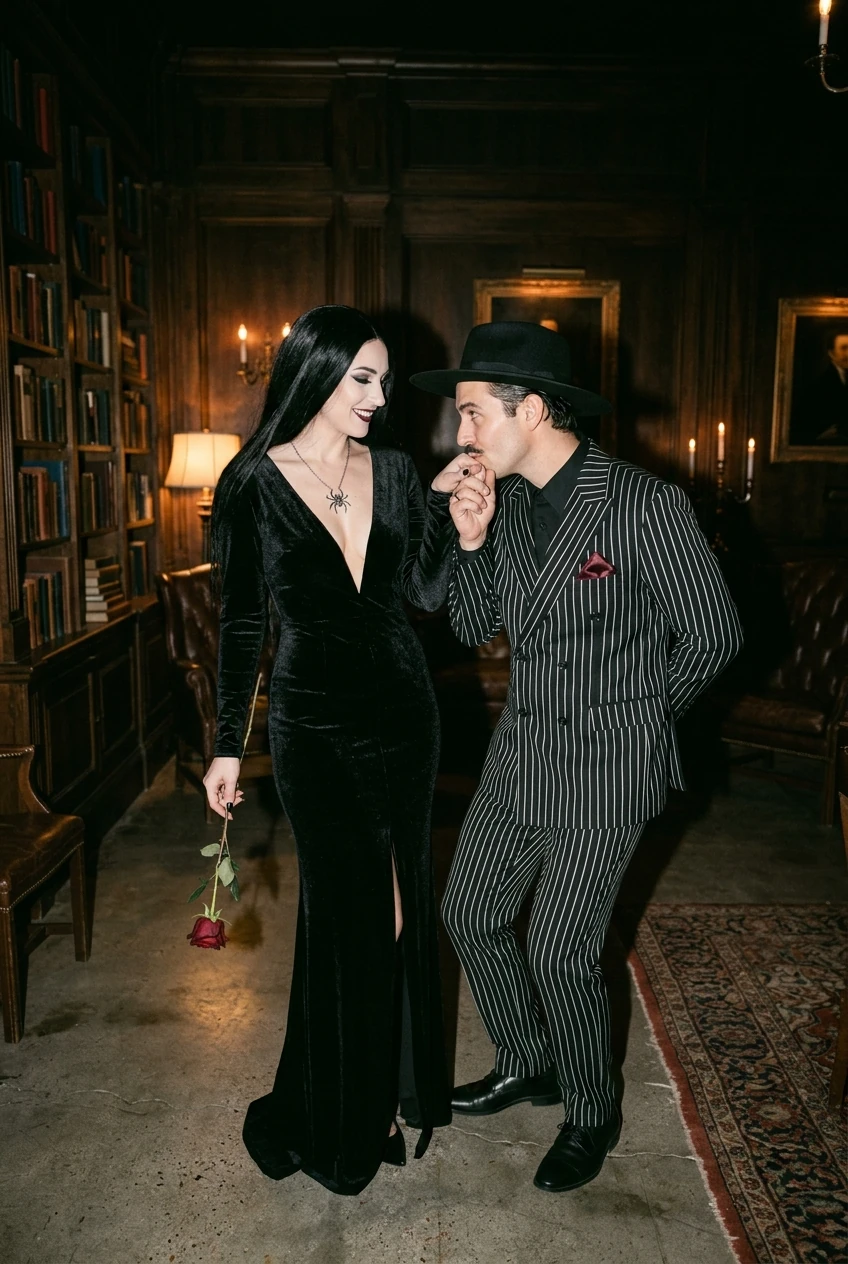 10 Creative Couples & Duo Halloween Costumes That Will Win Every Contest 14 2. Morticia & Gomez Addams Dark Romantic Royalty - couples halloween costumes (AI Generated Image)