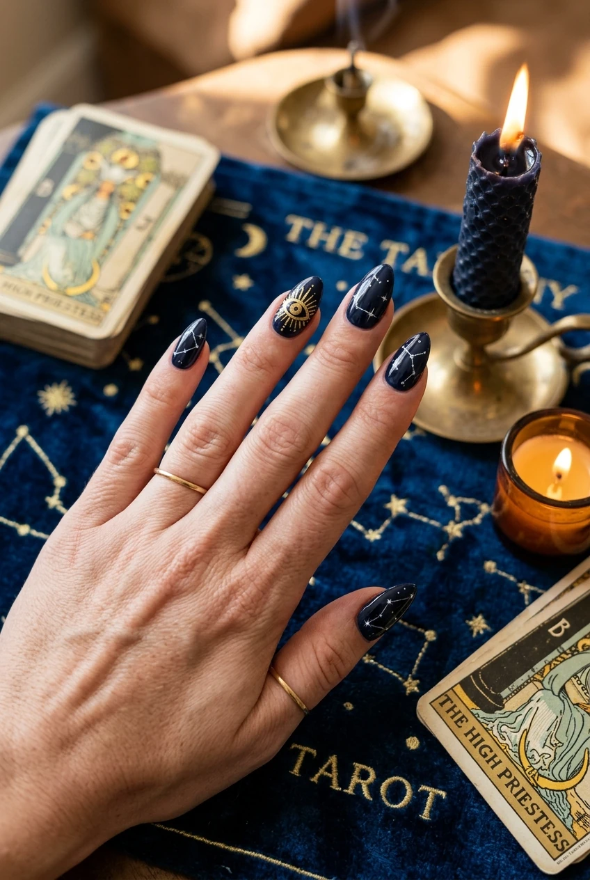 10 Dark Feminine & Witchy Nails to Channel Your Inner Gothic Glam 21 9. Mystic Third Eye & Constellation Night Sky Nails - witchy nails (AI Generated Image)