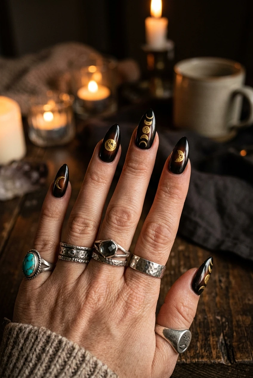 10 Dark Feminine & Witchy Nails to Channel Your Inner Gothic Glam 13 1. Obsidian Black Chrome Aura with Celestial Gold Moon Phases - witchy nails (AI Generated Image)