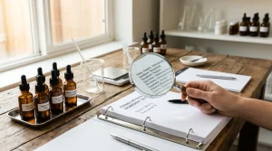 Minimalist cosmetic chemistry and skincare evaluation lab desk with amber glass serum droppers, formulation reference binder, and magnifying glass examining an ingredient list.