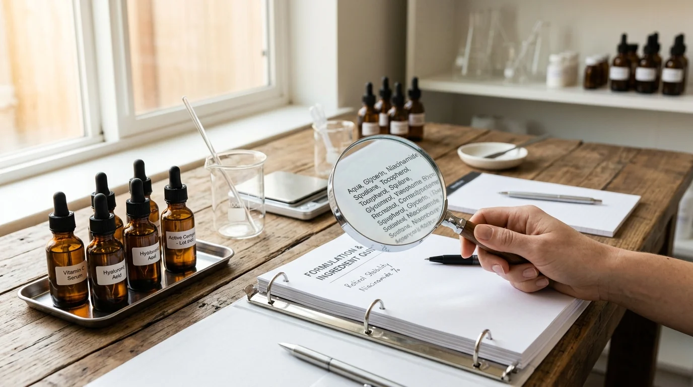 Minimalist cosmetic chemistry and skincare evaluation lab desk with amber glass serum droppers, formulation reference binder, and magnifying glass examining an ingredient list.