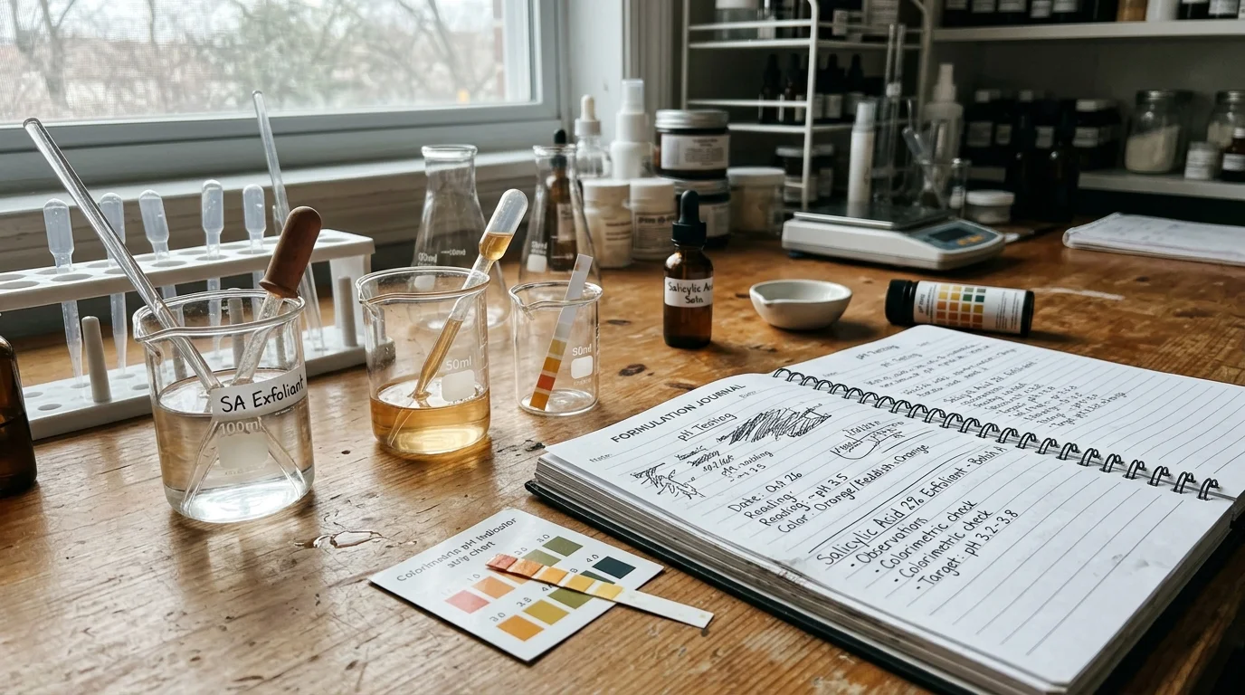 Colorimetric pH testing strips measuring salicylic acid exfoliant acidity beside an open formulation notebook in an independent esthetician lab. (AI Generated Image)