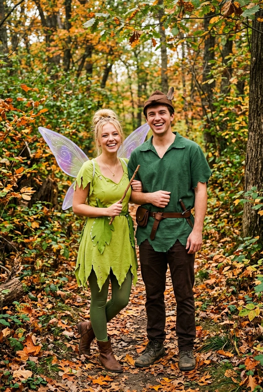 10 Creative Couples & Duo Halloween Costumes That Will Win Every Contest 21 9. Peter Pan & Sparkling Tinkerbell Fairytale Duo - couples halloween costumes (AI Generated Image)