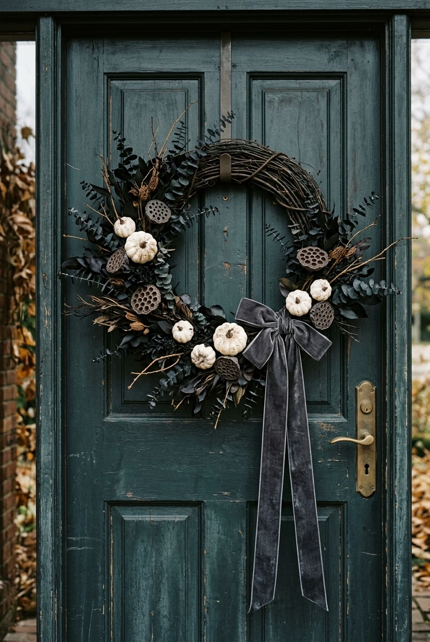 10. Grapevine Autumn Wreath with Black Eucalyptus & Lotus Pods - halloween crafts (AI Generated Image)
