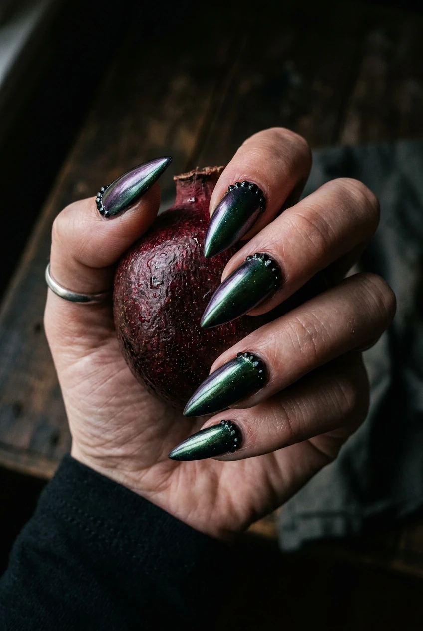 10 Dark Feminine & Witchy Nails to Channel Your Inner Gothic Glam 22 10. Poison Apple Metallic Chrome with Matte Cuticles - witchy nails (AI Generated Image)