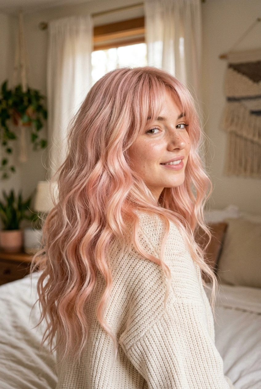 16. Baby Pink Cloud Nine Tonal Wash on Cascading Waves - long hair color pretty (AI Generated Image)