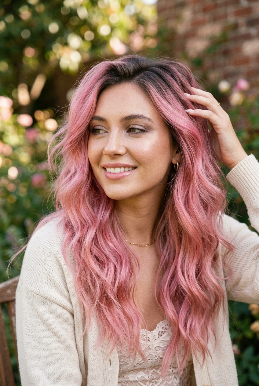 19. Cotton Candy Pink Gloss with Seamless Smokey Shadow Root - long hair color pretty (AI Generated Image)