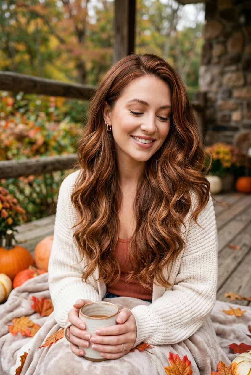 8. Cozy Cinnamon Spice Brown for Cascading Fall Layers - long hair color pretty (AI Generated Image)