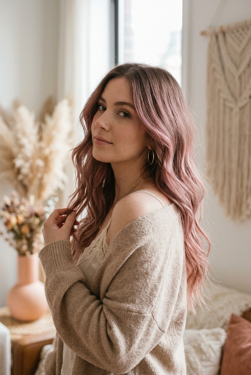 14. Dusty Rose Antique Pink Balayage with Soft Brown Roots - long hair color pretty (AI Generated Image)