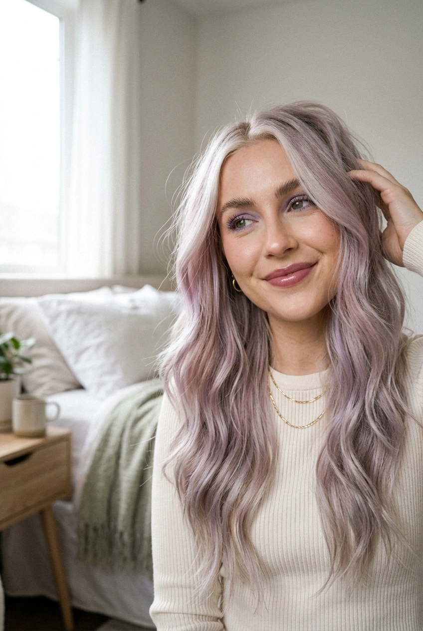 15. Lavender Haze Smokey Pastel Glaze on Platinum Lengths - long hair color pretty (AI Generated Image)