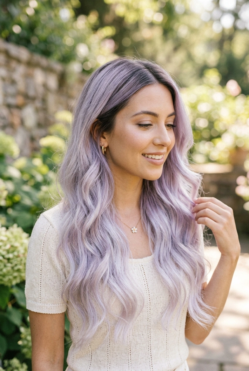 17. Lilac Frost Pearlescent Ombré for Airy Long Layers - long hair color pretty (AI Generated Image)