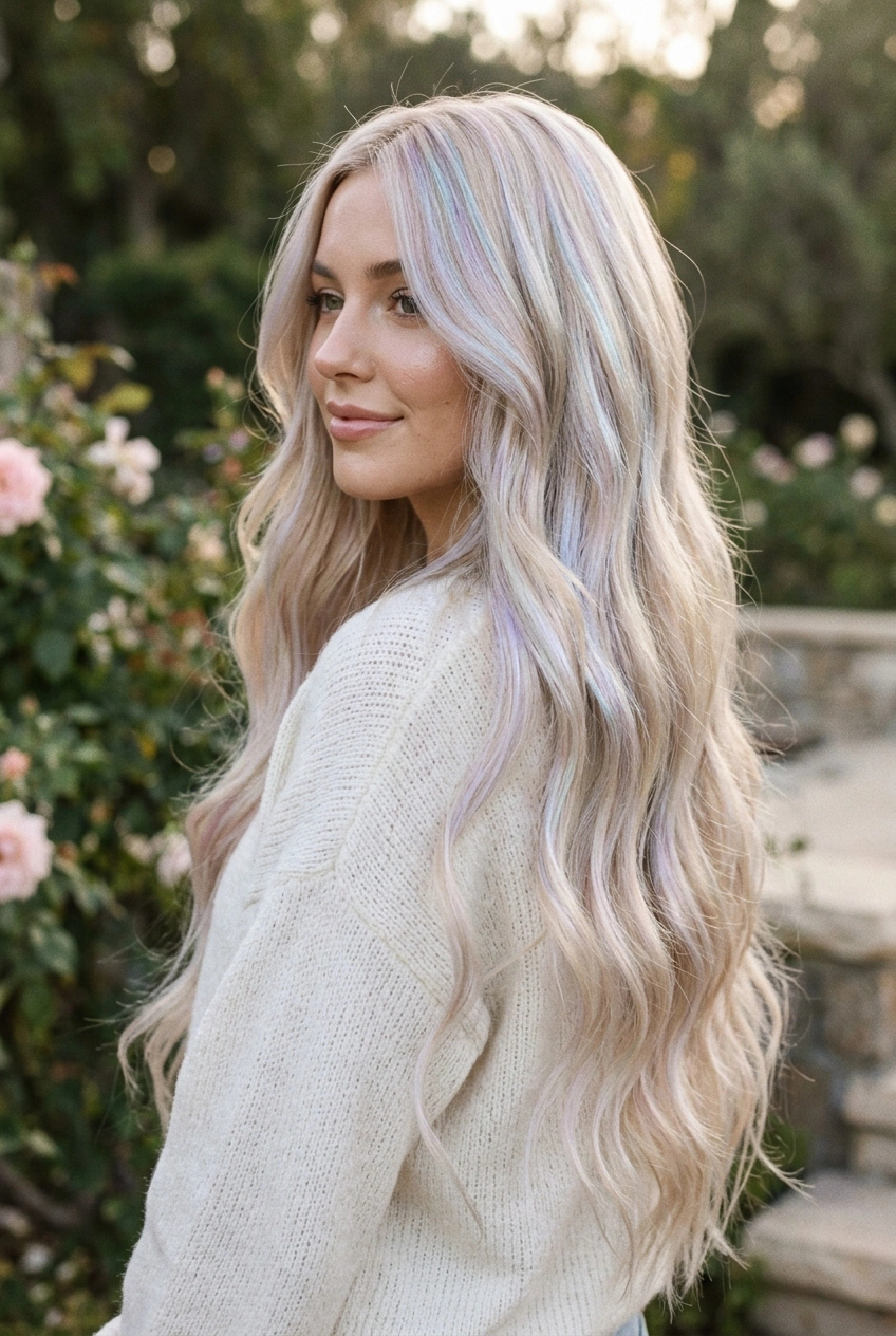20. Pearly Opal Champagne Platinum for Flowing Waist-Length Hair - long hair color pretty (AI Generated Image)
