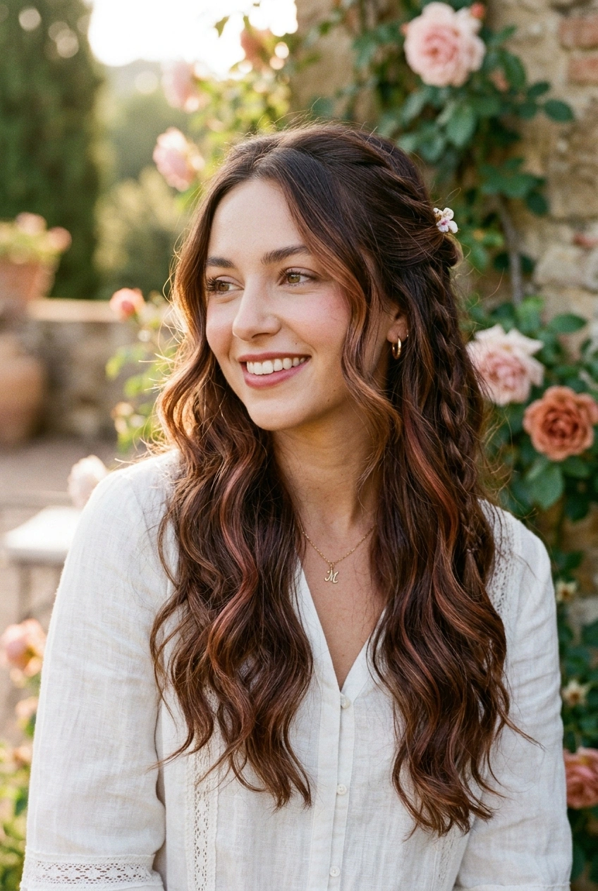 13. Romantic Rosewood Brunette with Warm Terracotta Ribbons - long hair color pretty (AI Generated Image)