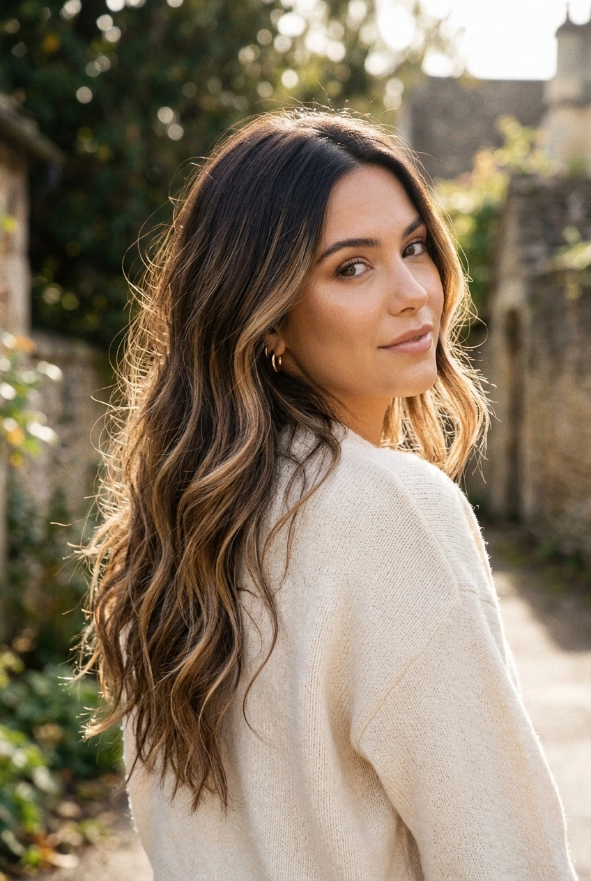 7. Salted Caramel Swirl Balayage on Rich Dark Brown Hair - long hair color pretty (AI Generated Image)