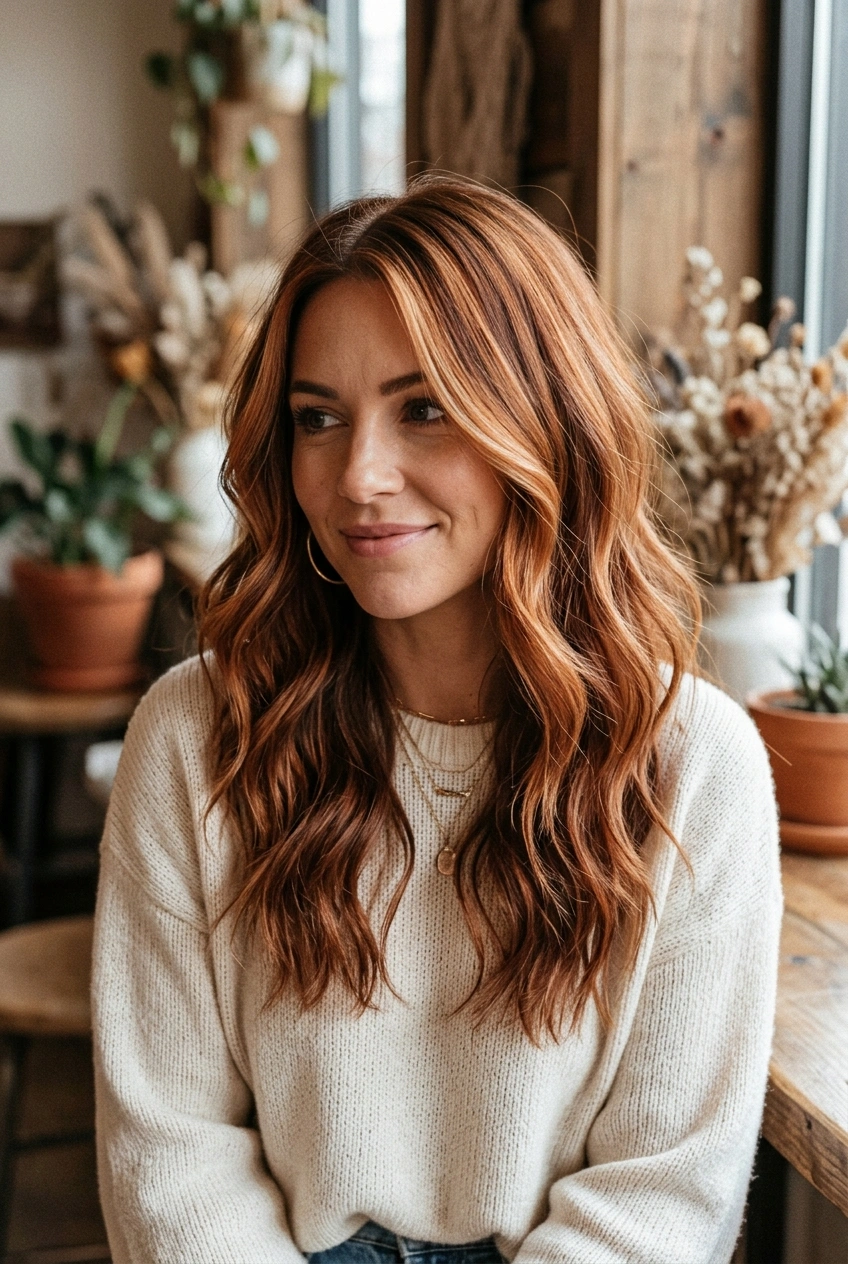 12. Spiced Copper Balayage with Reflective Auburn Lowlights - long hair color pretty (AI Generated Image)