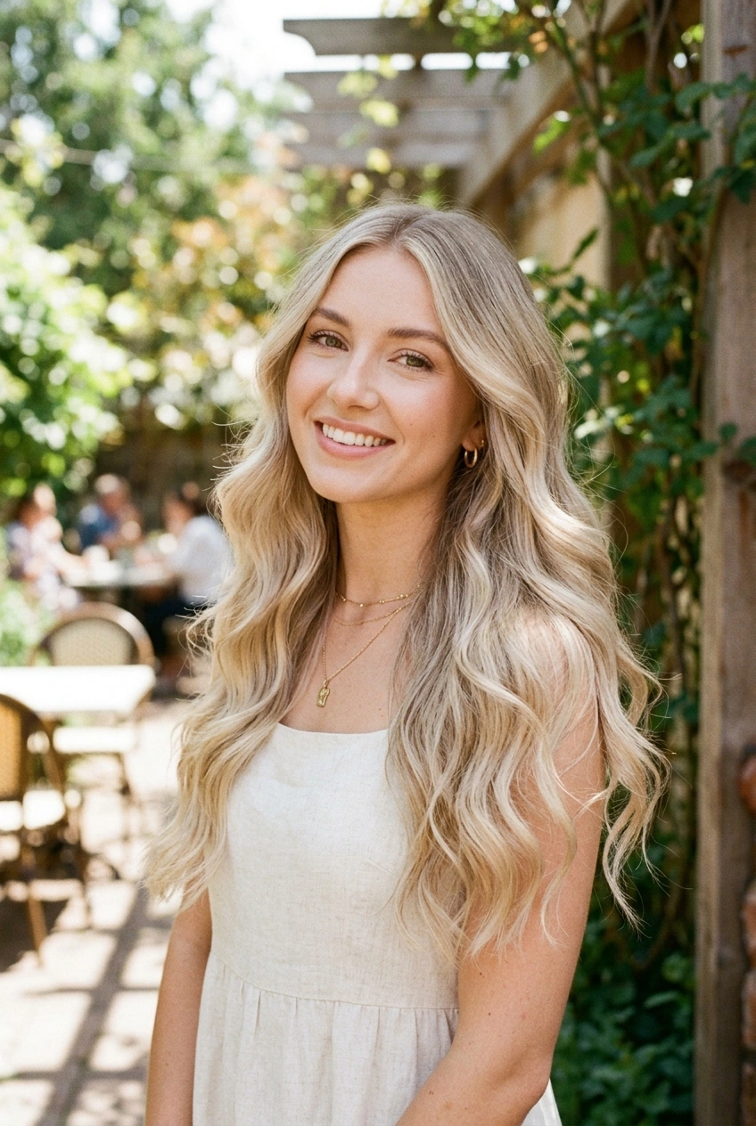4. Spun Silk Champagne Blonde Seamless Color Melt - long hair color pretty (AI Generated Image)