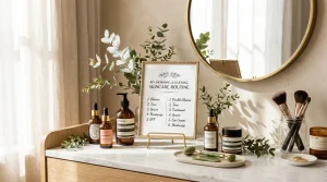 Elegant framed printable morning and evening skincare routine order chart on a vanity desk with skincare droppers and jade roller
