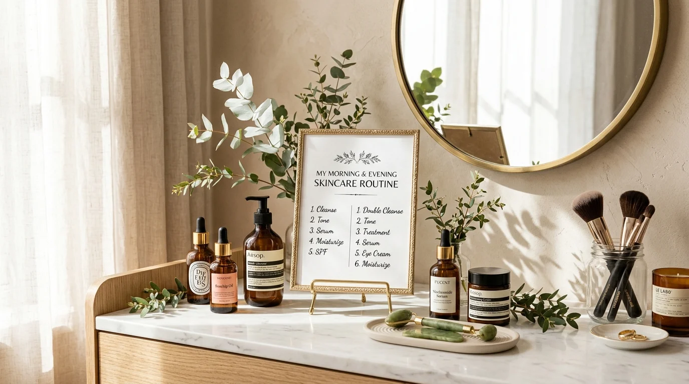Elegant framed printable morning and evening skincare routine order chart on a vanity desk with skincare droppers and jade roller