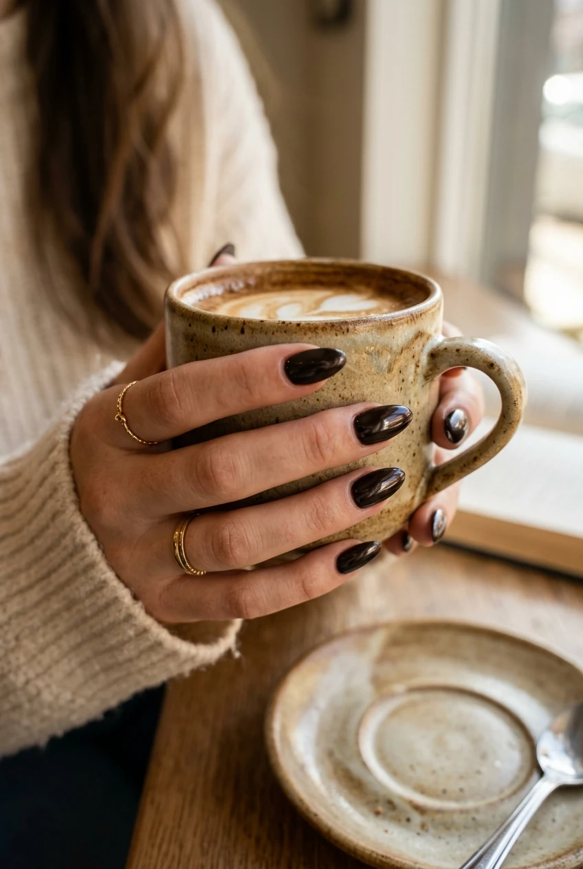 1. Rich Espresso Brown Glazed Almond Nails - october nails (AI Generated Image)