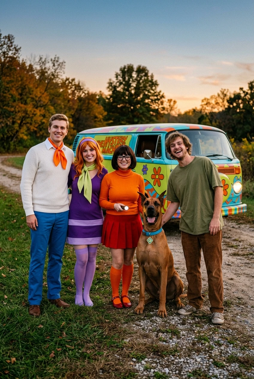 10 Creative Group Halloween Costumes for Trios, Squads & Families (2026) 14 2. Scooby-Doo Mystery Inc. Van Investigation Gang - group halloween costumes (AI Generated Image)