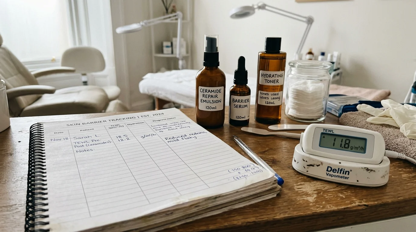 Clinical esthetician treatment desk showing patient skin barrier recovery tracking logs and transepidermal water loss TEWL measurements with soothing ceramide emulsion bottles. (AI Generated Image)