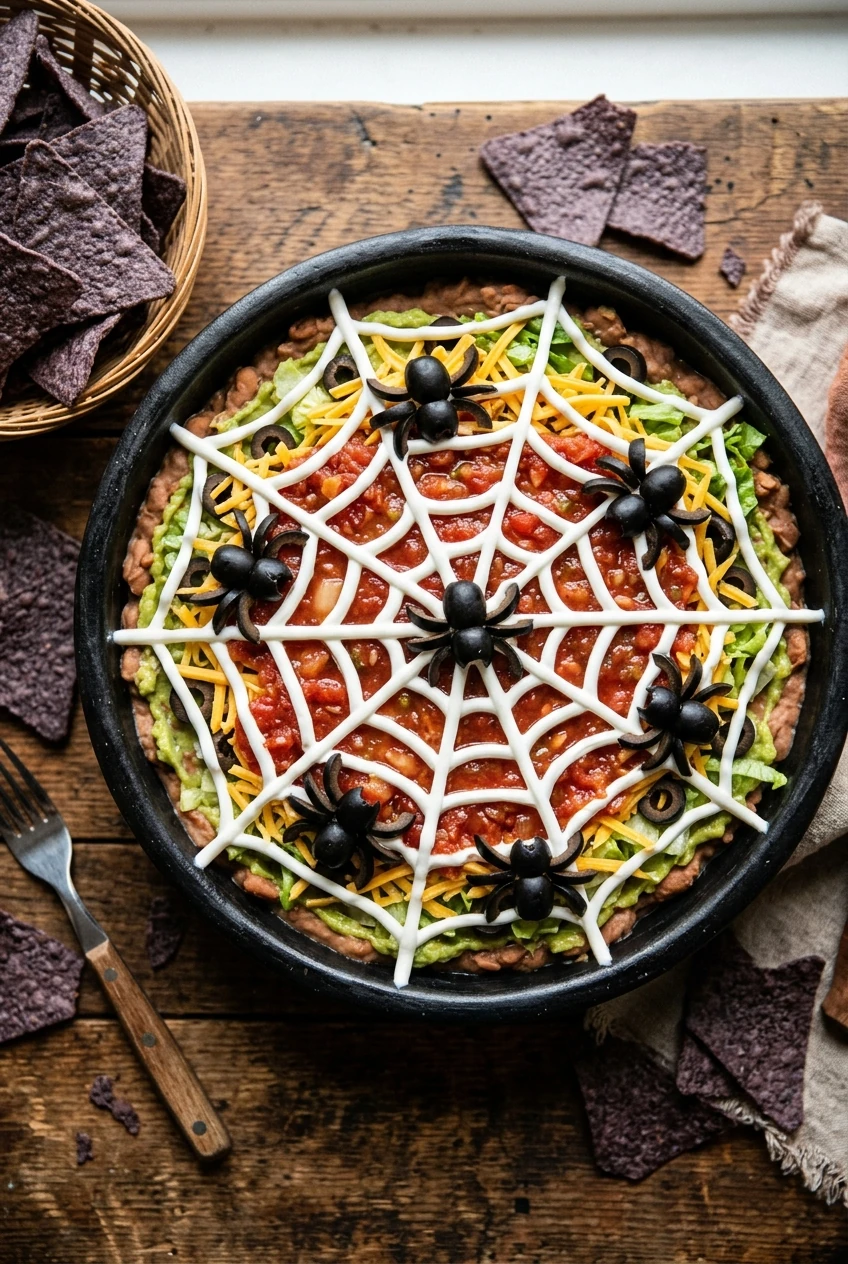 8. Seven-Layer Spiderweb Taco Dip & Creepy Chips - halloween party ideas (AI Generated Image)
