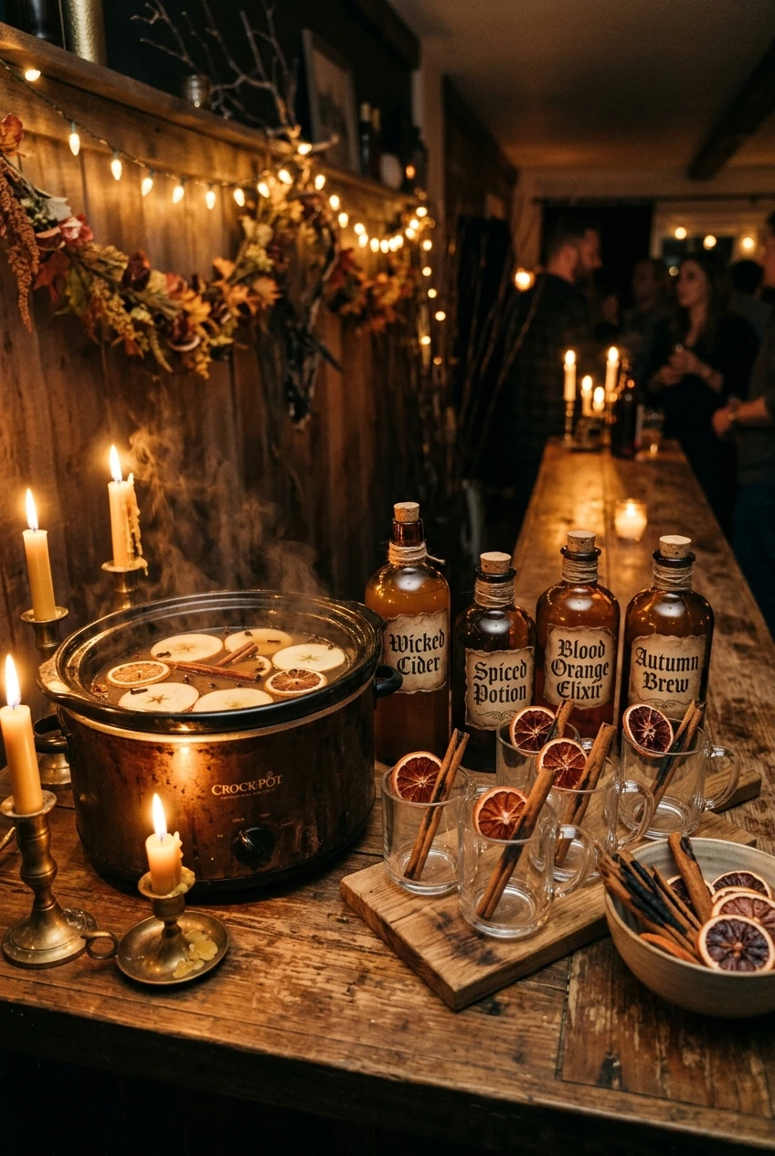 10. Apothecary Hot Spiced Cider & Potion Mocktail Bar - halloween party ideas (AI Generated Image)