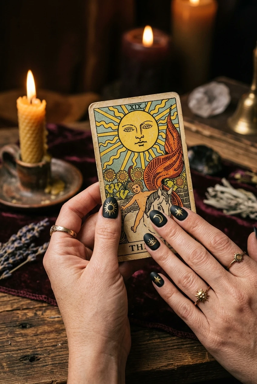 10 Dark Feminine & Witchy Nails to Channel Your Inner Gothic Glam 15 3. Tarot Card The Sun & The Moon Gold Foil Accents - witchy nails (AI Generated Image)