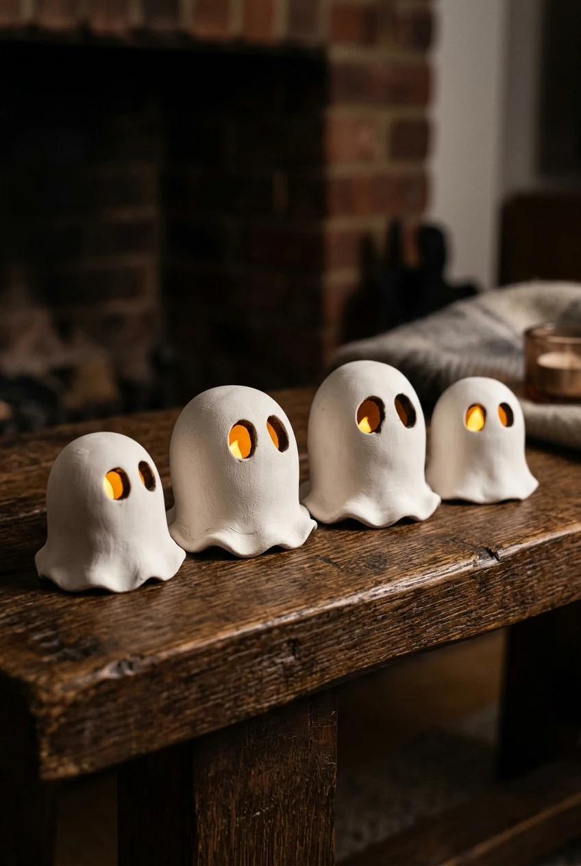 2. Minimalist Ceramic Air-Dry Clay Ghost Tealight Holders - halloween crafts (AI Generated Image)