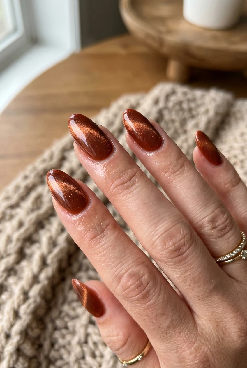 6. Terracotta Velvet Magnetic Cat-Eye Nails - october nails (AI Generated Image)
