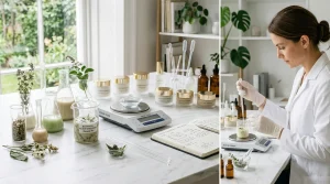 Female cosmetic formulation chemist testing active botanical emulsion in a clean laboratory setting with precision scales and glassware.