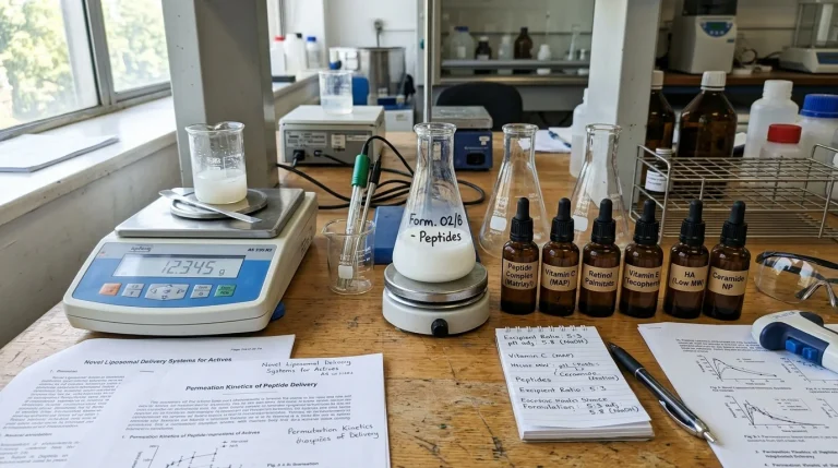 Modern cosmetic laboratory formulation desk showing glass Erlenmeyer flasks, amber dropper bottles of peptides and vitamins, analytical balance, and printed scientific research notes.
