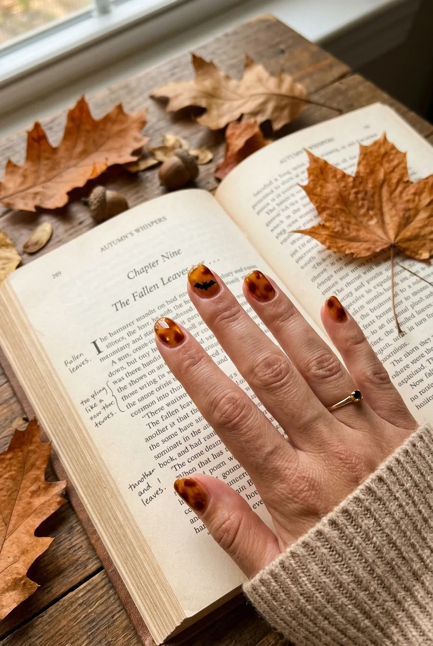 10 Cute & Simple Halloween Nails for Short Nails (Easy 2026 Inspo) 20 8. Tortoiseshell with Hidden Midnight Bats - simple halloween nails (AI Generated Image)