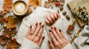 Manicured hands with almond tortoiseshell and espresso brown nail art styled beside cream cashmere sweater and autumn leaves