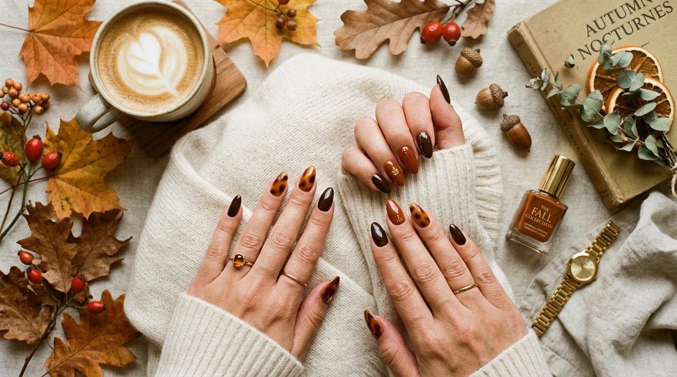Manicured hands with almond tortoiseshell and espresso brown nail art styled beside cream cashmere sweater and autumn leaves