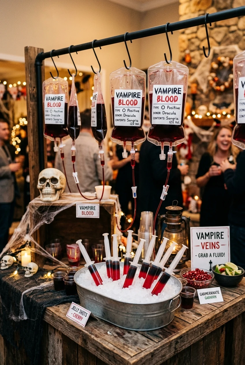6. Vampire IV Blood Bag Sangria & Syringe Shooters - halloween party ideas (AI Generated Image)