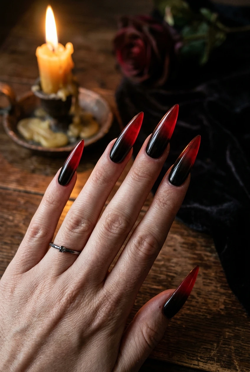 10 Dark Feminine & Witchy Nails to Channel Your Inner Gothic Glam 19 7. Vampiric Ombré Crimson Blood Fade on Sharp Stiletto - witchy nails (AI Generated Image)