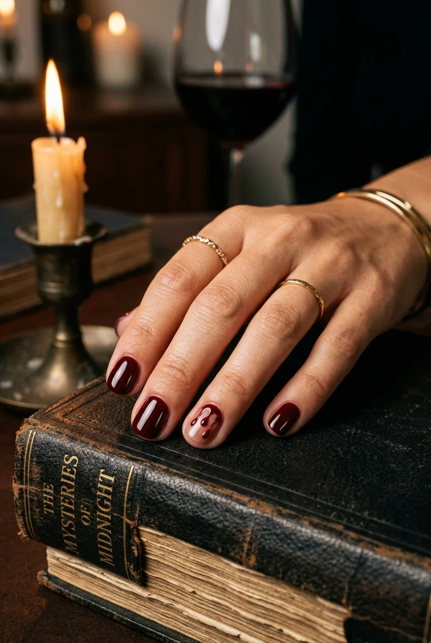 10 Cute & Simple Halloween Nails for Short Nails (Easy 2026 Inspo) 15 3. Vampy Oxblood Blood Drip Accent Nails - simple halloween nails (AI Generated Image)