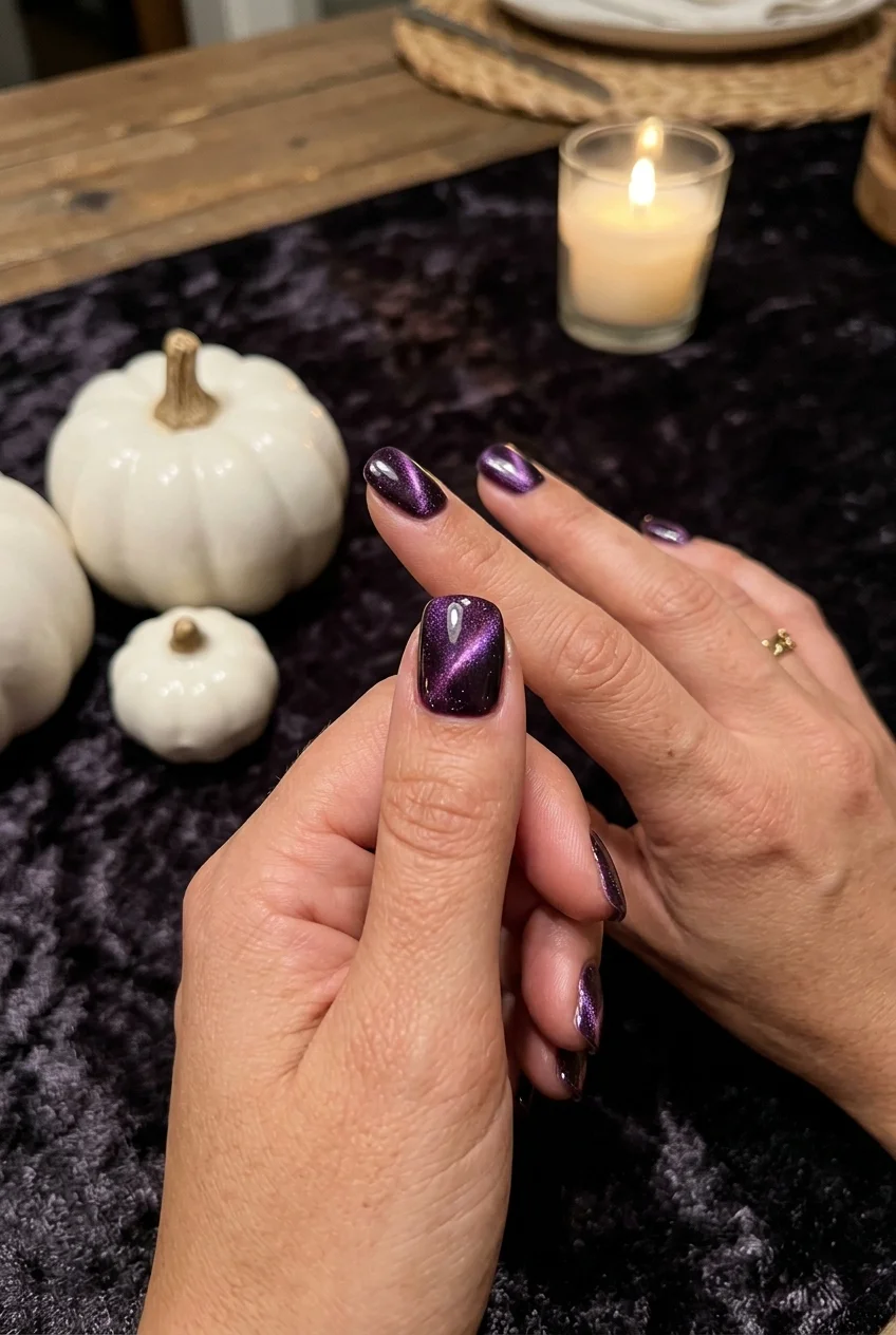 10 Cute & Simple Halloween Nails for Short Nails (Easy 2026 Inspo) 17 5. Spooky Velvet Cat-Eye Shimmer in Midnight Plum - simple halloween nails (AI Generated Image)